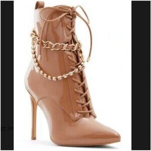 Aldo Women's Patent Leather Tan Brown Lace Up stiletto Bootie Chain Gold Size 8